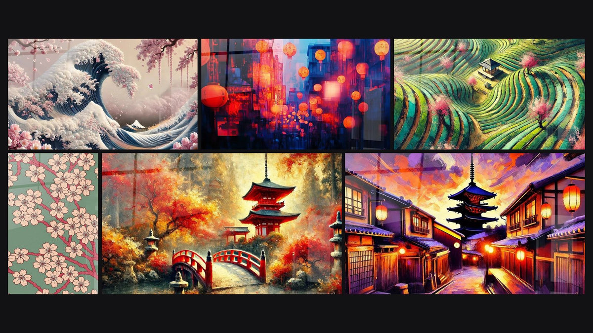 Mosaic of six paintings, including Flower Meadow, Lanterns Midnight Glow and Japanese Wall Art N°6