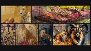 Mosaïque de six tableaux, dont Léopard Doré, Léopard Taches de soleil et Léopards Fleurs