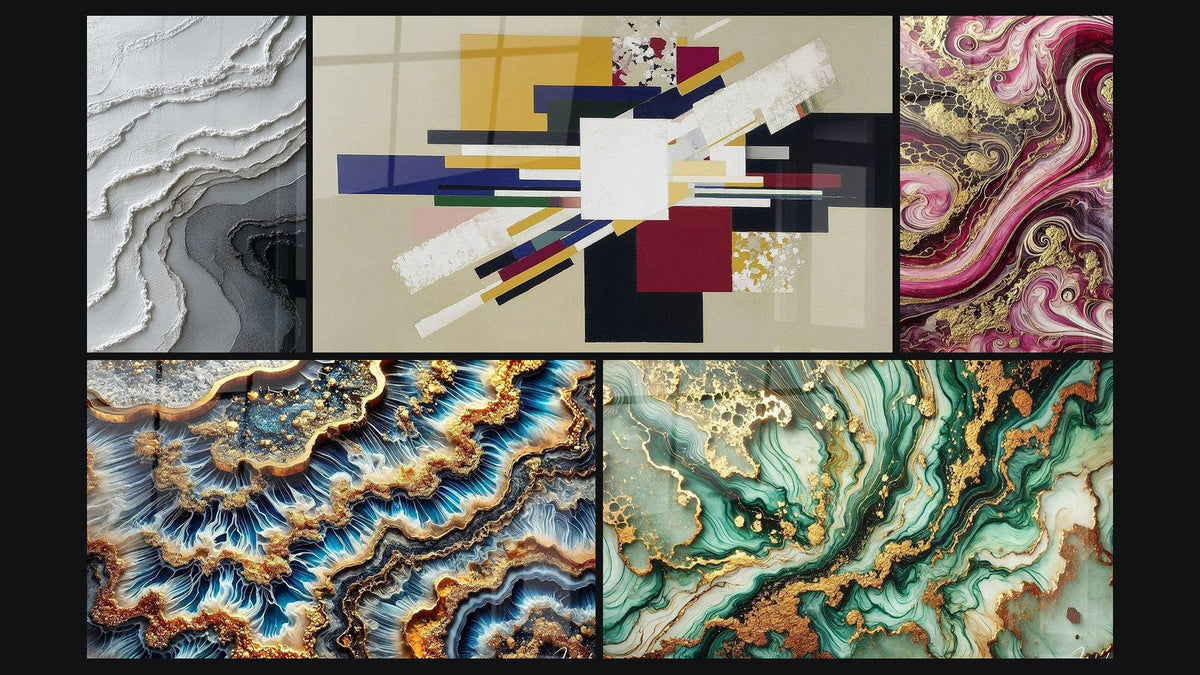 Mosaik aus fünf Gemälden, darunter Geometrische Komposition Kreative Spannung, Purpurflammen und Goldene Gezeitenwelle