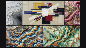 Mozaïek van vijf schilderijen, waaronder Geometrische Compositie Creatieve Spanning, Paarse Vlammen en Gouden Getijde