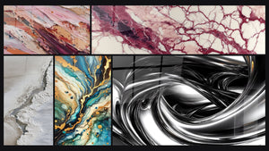 Mosaico de cinco cuadros, entre ellos Abstracto en tonos rosas y tierra y Vetas púrpuras y crema sobre fondo crú