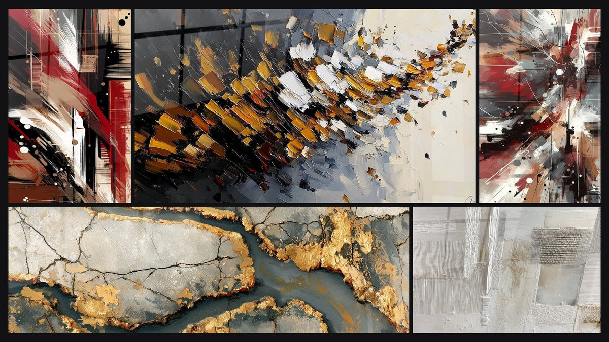 Mosaico de cinco cuadros, entre ellos Desorden Estructurado, Mármol Dorado con Grietas Antracita y Explosión dinámica