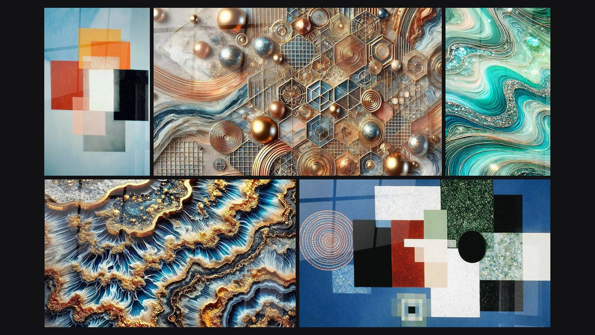 Mosaico de cinco cuadros, entre ellos Formas Geométricas Contraste Funcional, Marea Dorada y Mosaico de Cobre