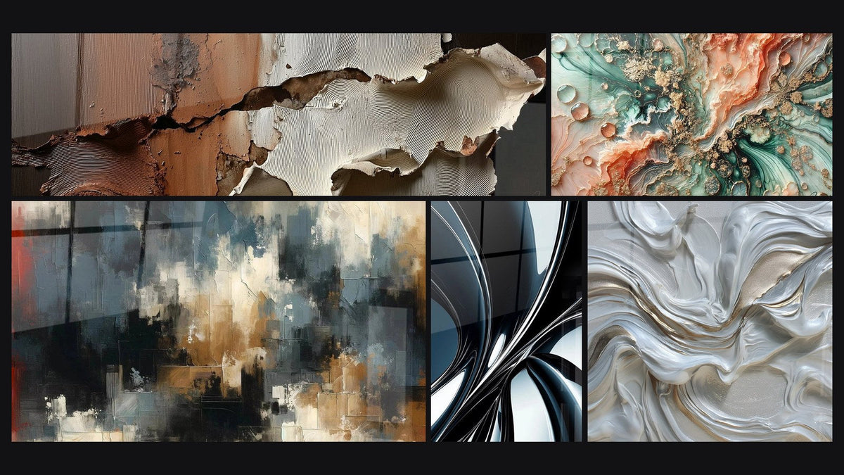 Mosaico di cinque quadri, tra cui Caos Organizzato, Sogno Corallino e A spirale in metallo cromato