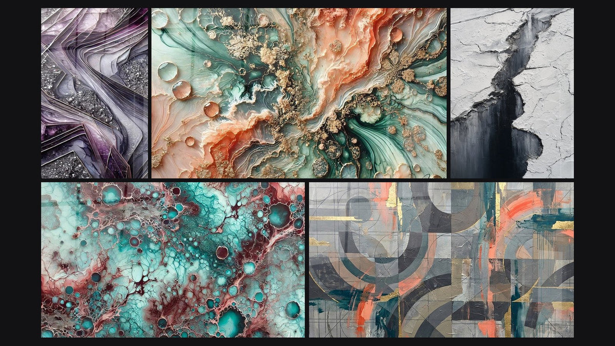 Mosaico de cinco cuadros, entre ellos Lámparas de Cuarzo, Esencia de Granate y Círculos grises y coral entrelazados