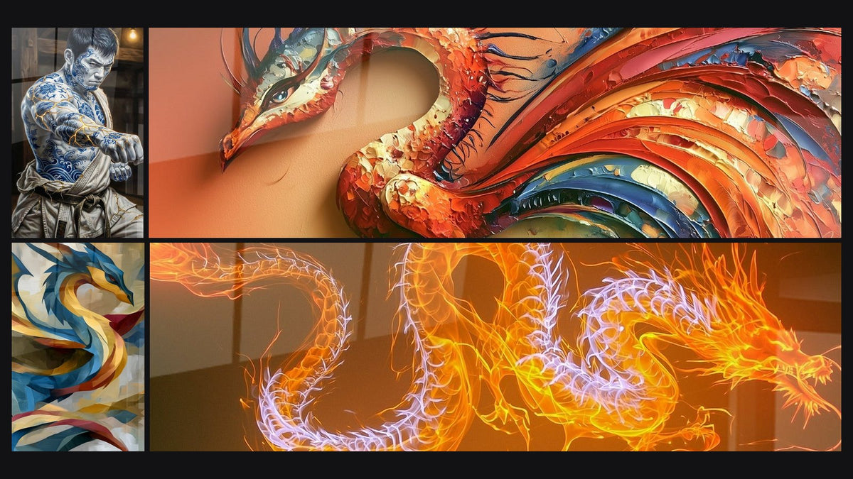 Mosaico di quattro quadri, tra cui Karatéka con tatuaggio e Drago blu e dorato con nastri vorticosi