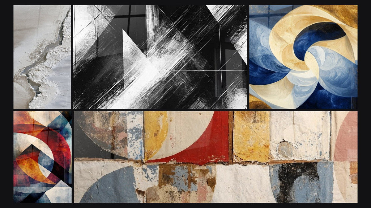Mosaic of five paintings, including Circular geometric shapes, Convergence Points and Divine Breath White