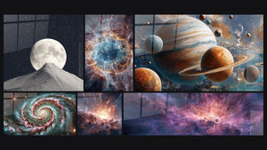 Mosaic of six paintings, including Moon and Mountain, Echoes of the Stars and Cosmic Explosion