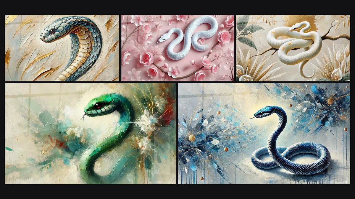 Mosaic of five paintings, including Guardian of Blue Gold, Flowers and Scales and Emerald Awakening