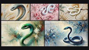 Mosaïque de cinq tableaux, dont Garde de l'Or Bleu, Fleurs et Écailles et Éveil de l'Émeraude