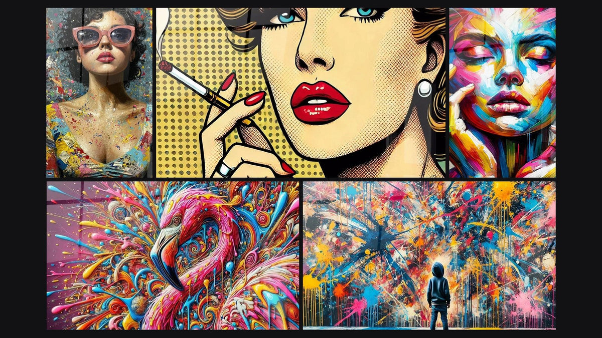 Mosaico di cinque quadri, tra cui Fumo Pop, Fiamma del Fenicottero e Schizzi di Pittura