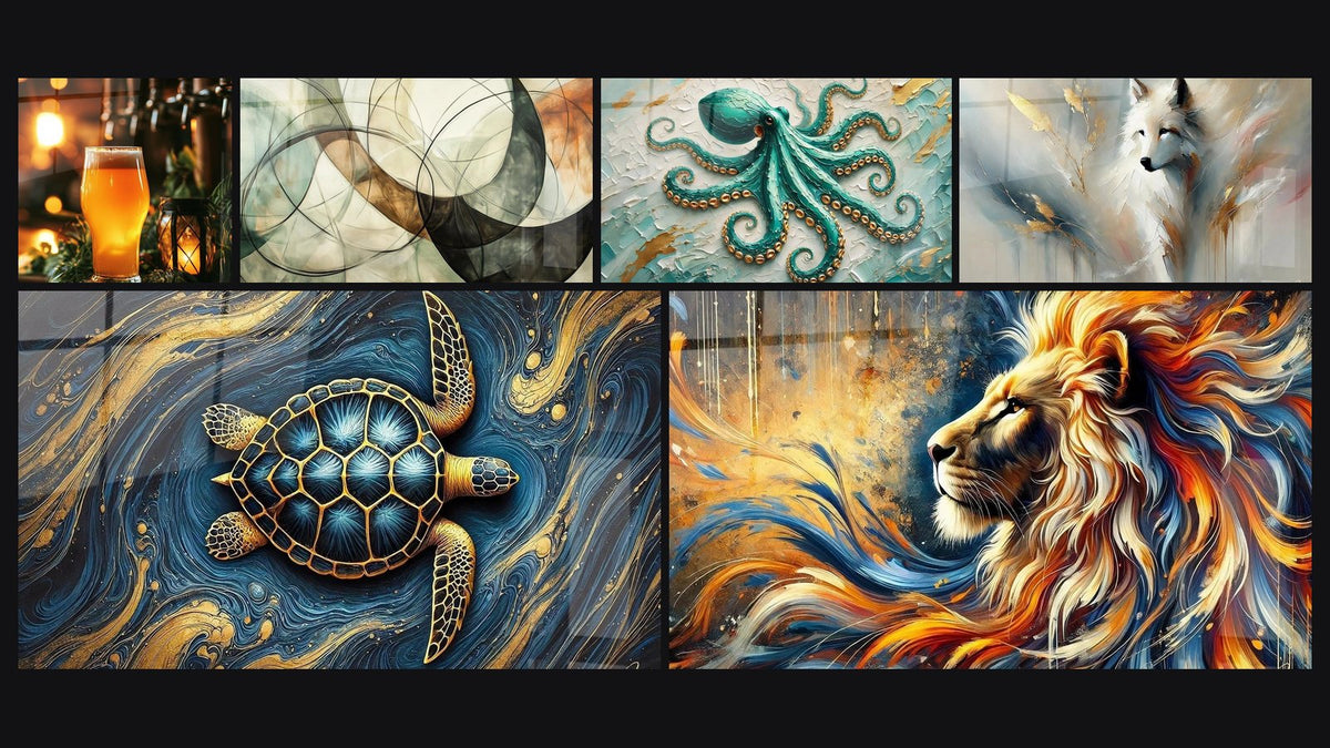 Mosaic of six paintings, including Gilded Glass Print with Background Inks, The Invisible Bonds and Emerald of the Abyss