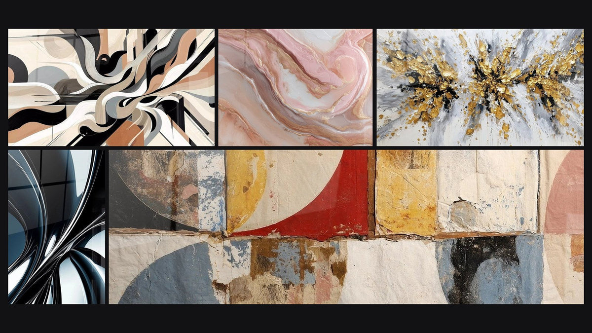 Mosaico di cinque quadri, tra cui Vibrazioni Grafiche, A spirale in metallo cromato e Forme geometriche astratte di