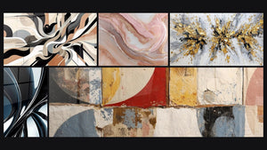 Mozaïek van vijf schilderijen, waaronder Grafische Trillingen en Abstracte geometrische vormen