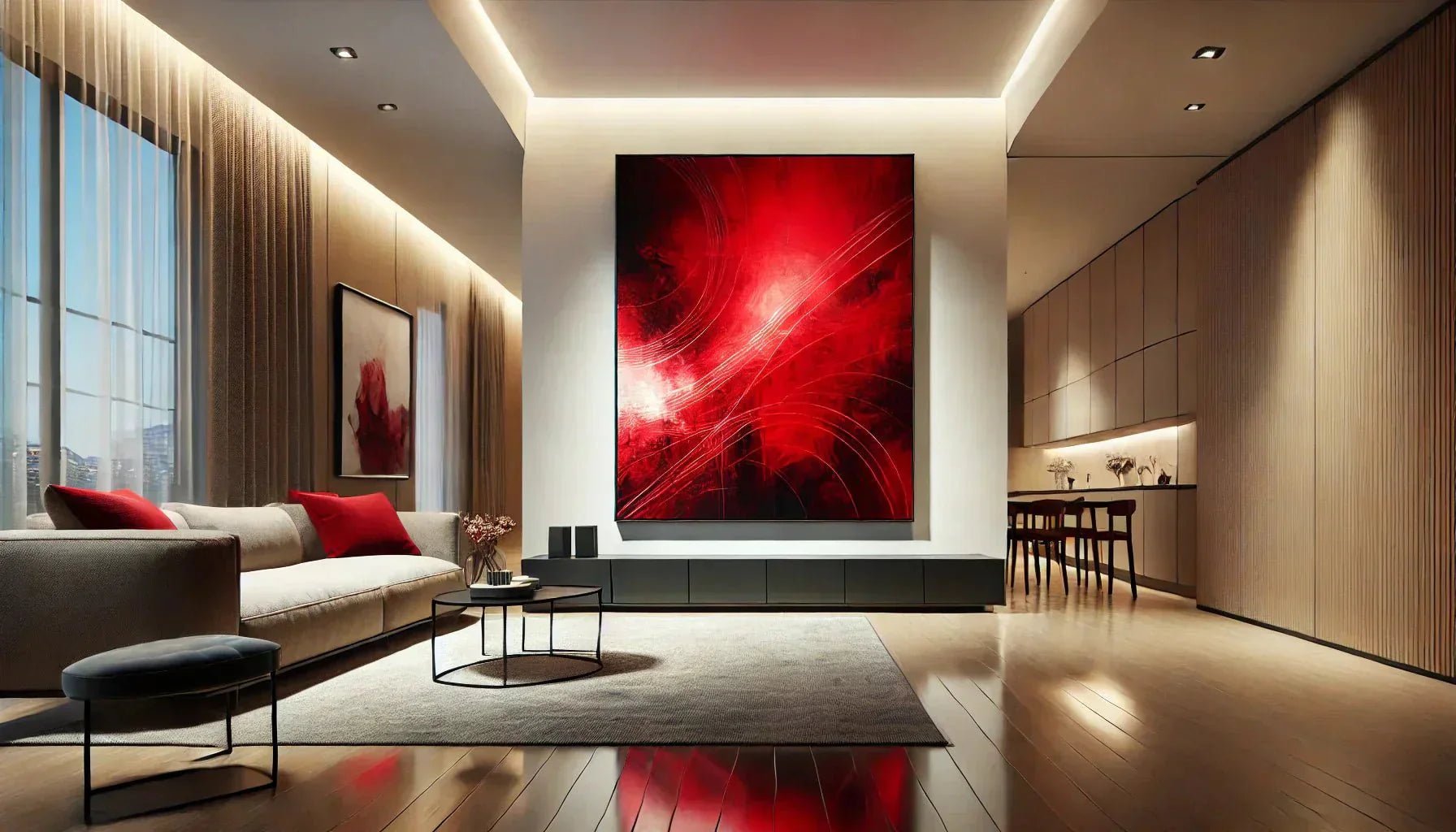 Une toile abstraite rouge moderne encadrée, exposée dans un intérieur élégant, sublimée par un éclairage doux et protégée par un vernis brillant pour préserver ses pigments carmin.