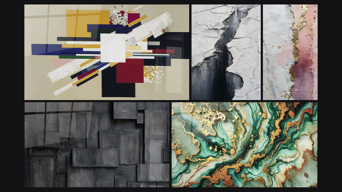 Mosaic of five paintings, including Glacier Crevasse Wall Art Grey and Black and Mystical Marble