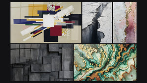 Mosaico de cinco cuadros, entre ellos Composición Geométrica Tensión Creativa y Grieta Glaciar Gris y Negro