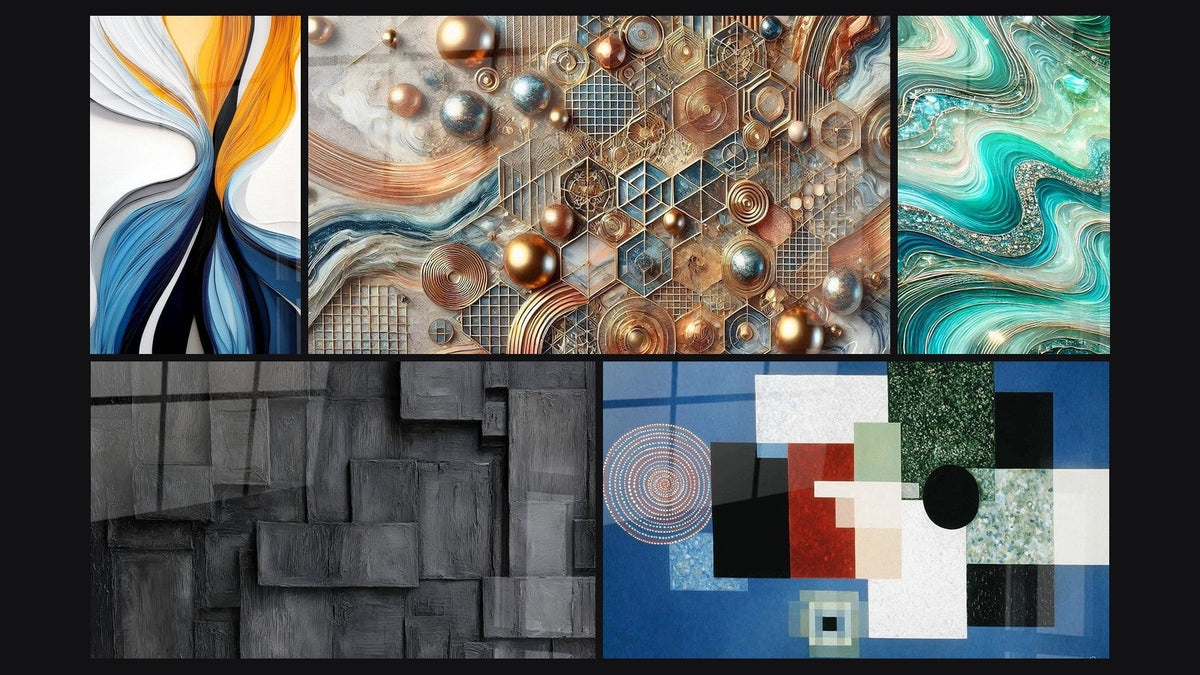 Mosaic of five paintings, including Dynamic Colored Flows, Copper Mosaic and Crystalline Waves