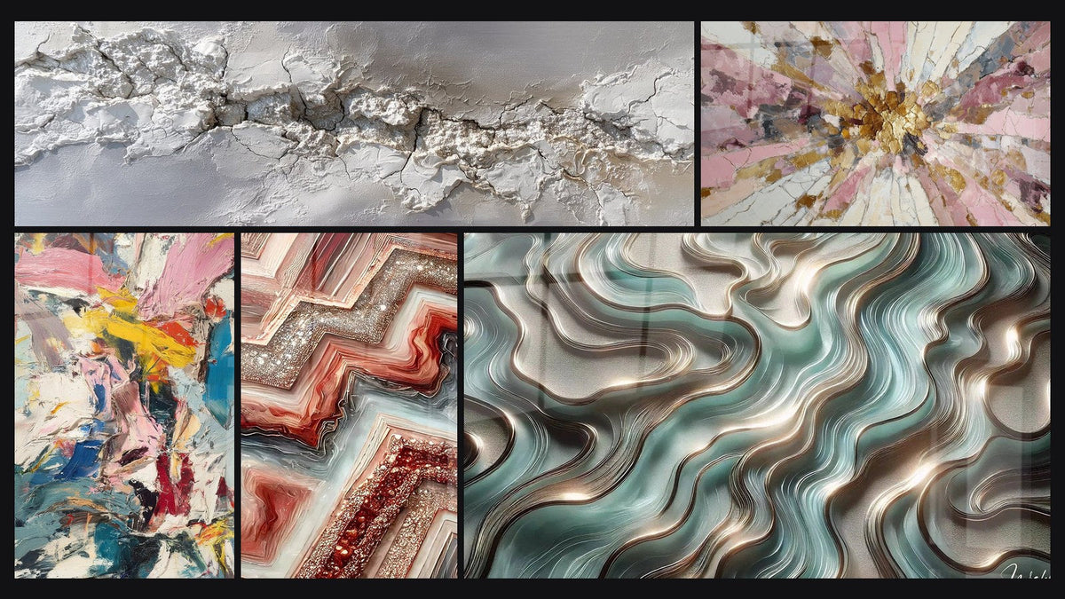 Mosaic of five paintings, including Color Explosion, Geometric Fusion and Ethereal Curves