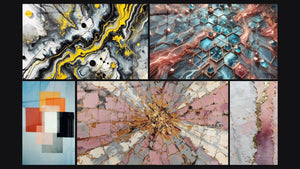 Mosaico de cinco cuadros, entre ellos Impacto Negro y Formas Geométricas Contraste Funcional