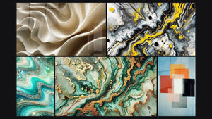 Mosaico de cinco cuadros, entre ellos Olas Cristalinas, Mármol Misterioso y Impacto Negro