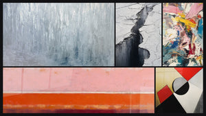 Mosaico de cinco cuadros, entre ellos Abstracto horizontal rosa coral y burdeos y Grieta Glaciar Gris y Negro