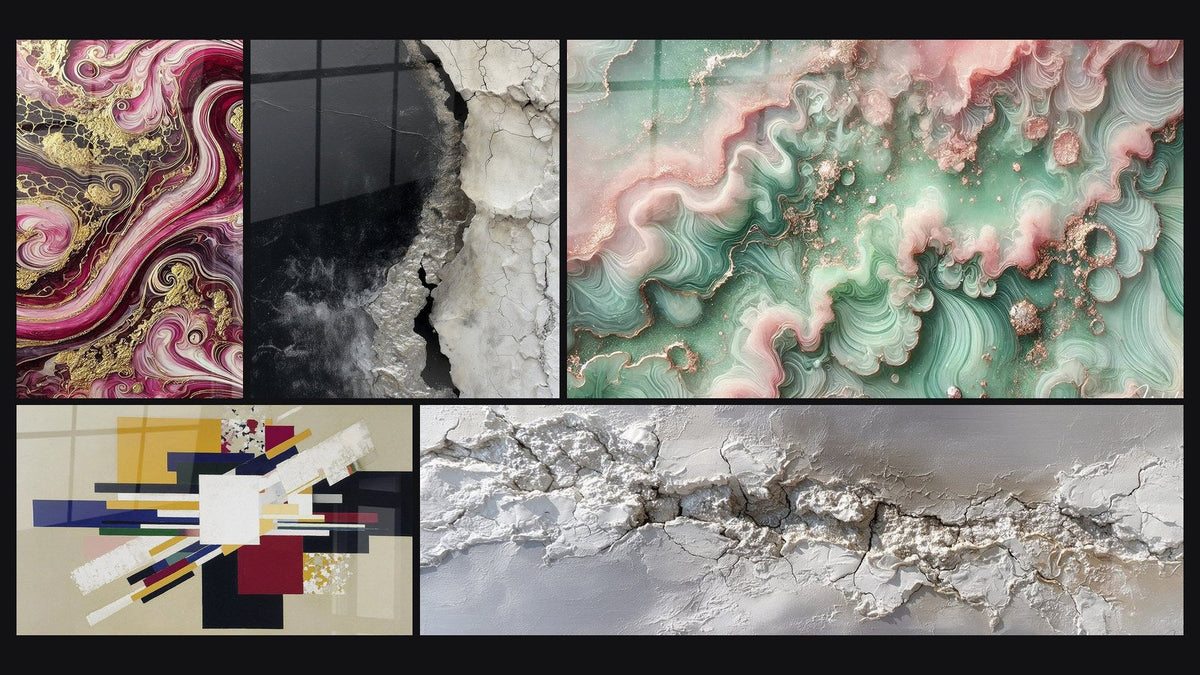 Mosaico de cinco cuadros, entre ellos Llamas Púrpura, Composición Geométrica Tensión Creativa y Bruma Esmeralda