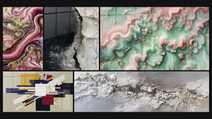 Mosaico de cinco cuadros, entre ellos Llamas Púrpura, Composición Geométrica Tensión Creativa y Bruma Esmeralda