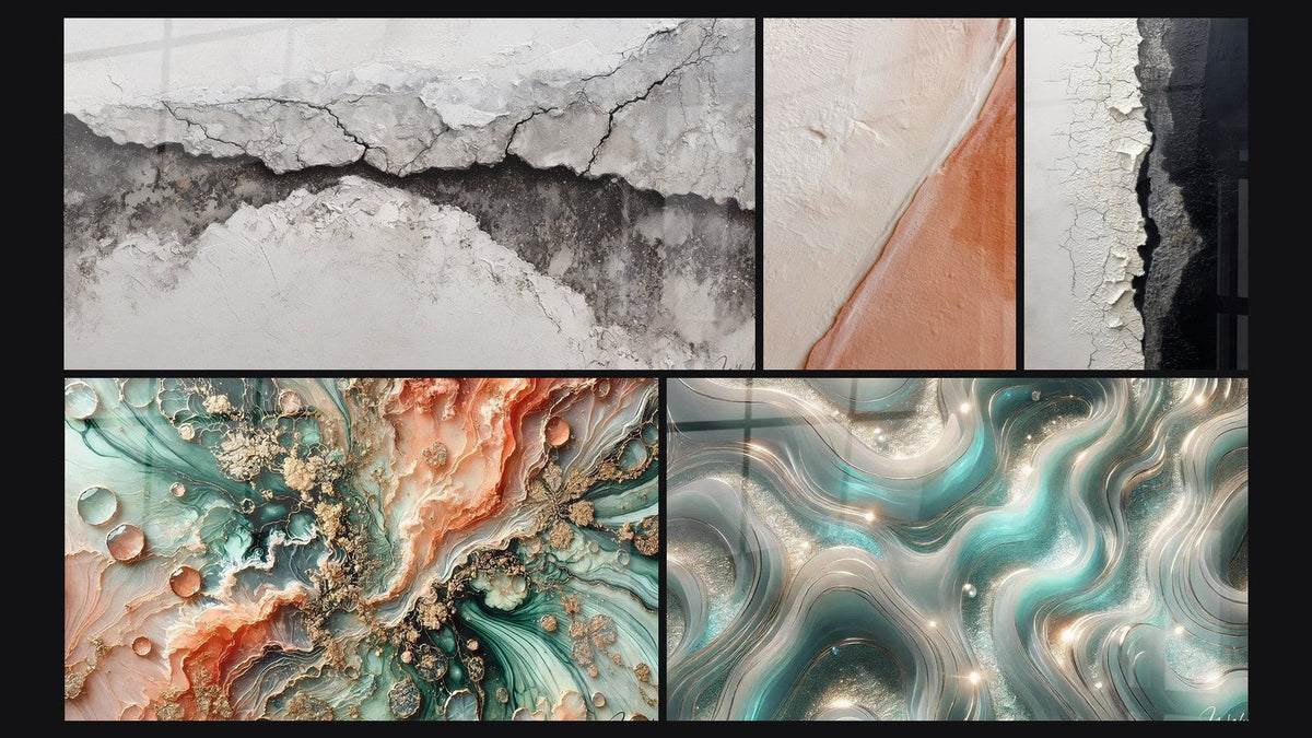 Mosaik aus fünf Gemälden, darunter Korallentraum, Schimmernde Wellen und Gesprungene Textur Weiß und Schwarz