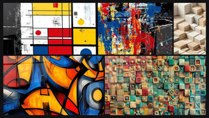 Mosaico de cuatro cuadros, entre ellos Abstracto geométrico, Formas geométricas coloridas y Entrelazado de Colores