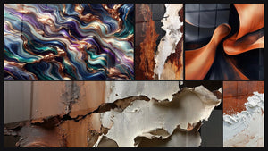 Mosaico de cinco cuadros, entre ellos Serenata Mineral y Abstracto tierra y blanco con vetas negras