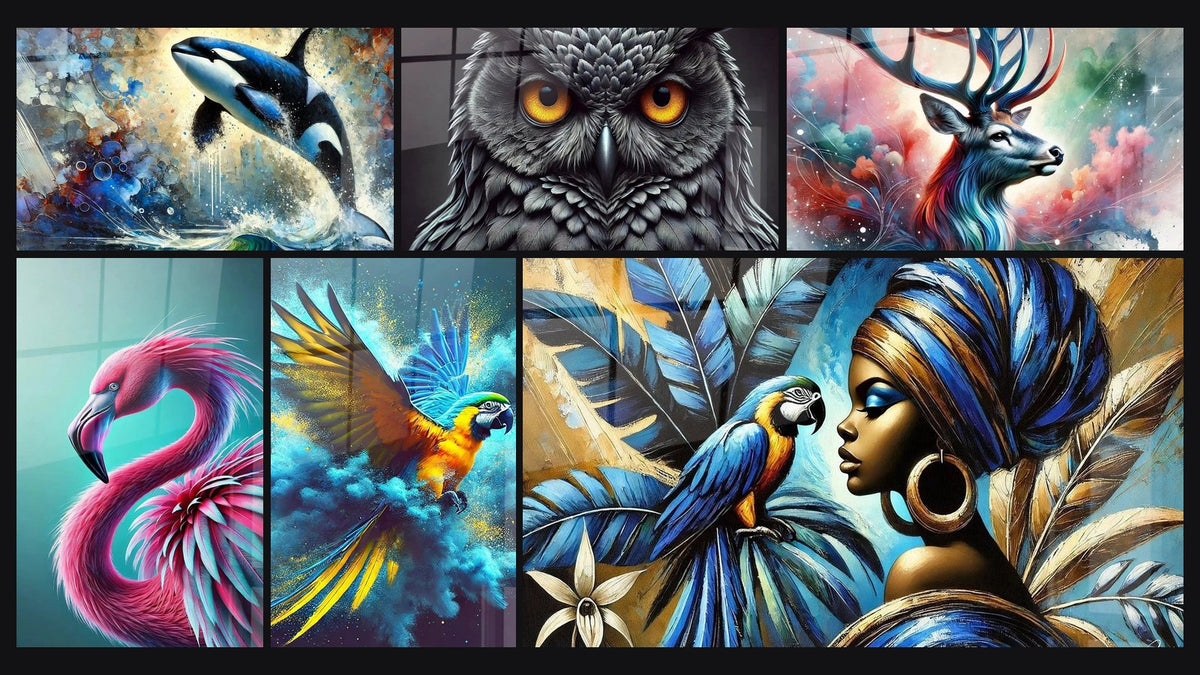 Mosaic of six paintings, including Stellar Orca, Wise Gaze Owl and Feather Sculpture