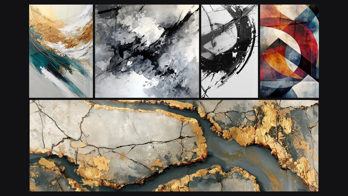 Mosaic of five paintings, including Golden Crest and Foam, The Break in Time and Circular geometric shapes