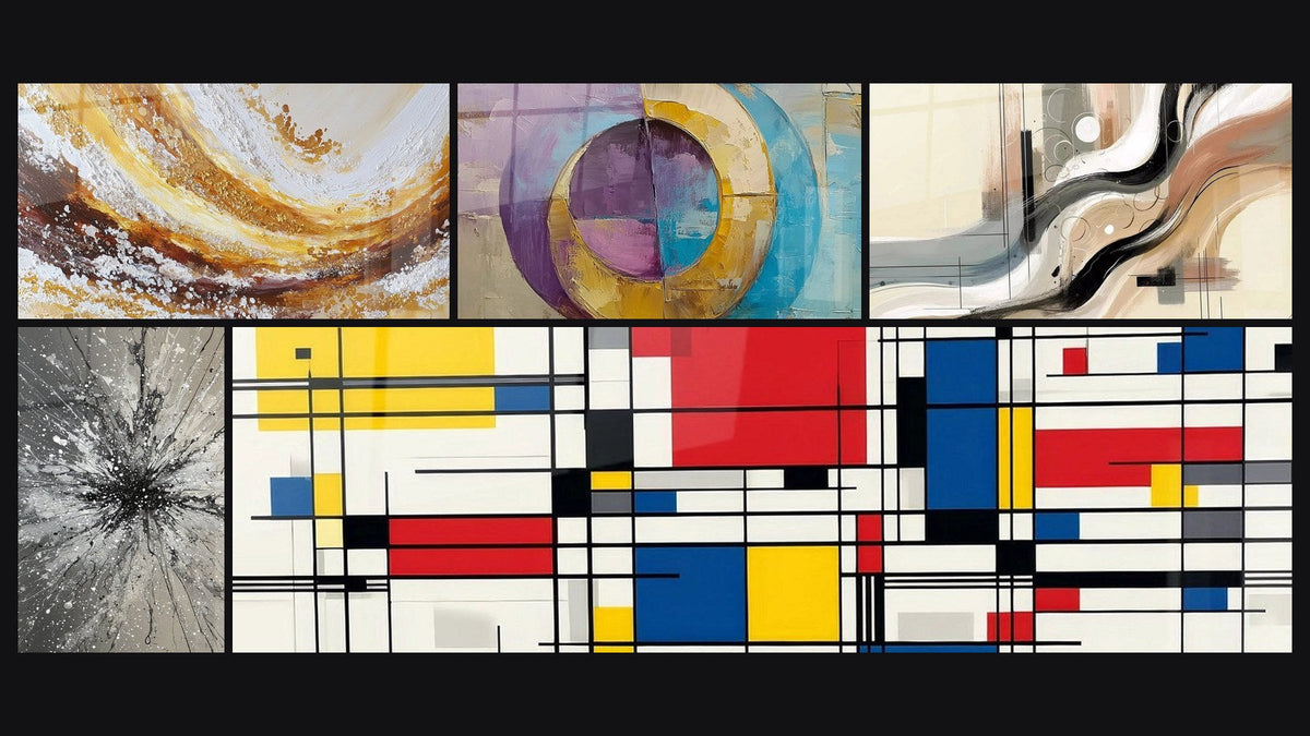Mosaico de cinco cuadros, entre ellos Círculos concéntricos coloridos, Composición geométrica y Sillage Abstracto