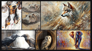 Mosaïque de six tableaux, dont Teckel N°1, Hippopotame Sérénité boueuse et Corbeau confidences secrètes