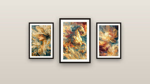 Mur de galerie avec trois tableaux encadrés, dont Femme élégante Prestige Féminin et Cheval Force Élémentaire