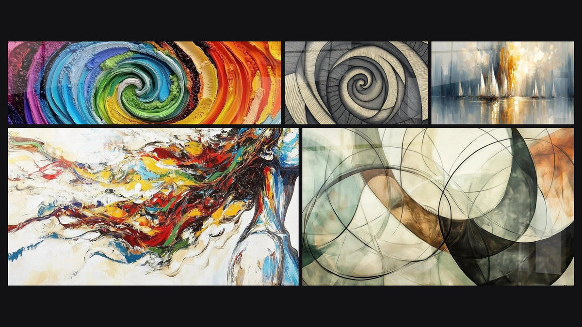 Mosaico di cinque quadri, tra cui A spirale multicolore, A spirale geometrica testurizzata e Alba sulla Baia