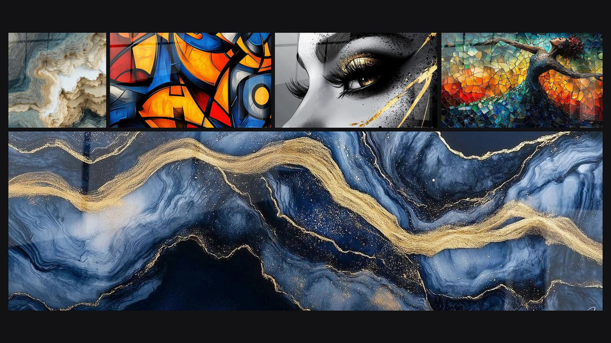 Mosaico di cinque quadri, tra cui Strati Ondulanti Blu Grigio e Beige, Forme geometriche colorate di e Occhio lacrima d'oro