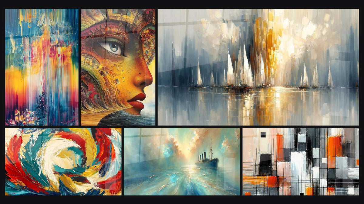 Mosaïque de six tableaux, dont Cascades colorées abstraites, Visage féminin architecture et Métamorphose Cosmique