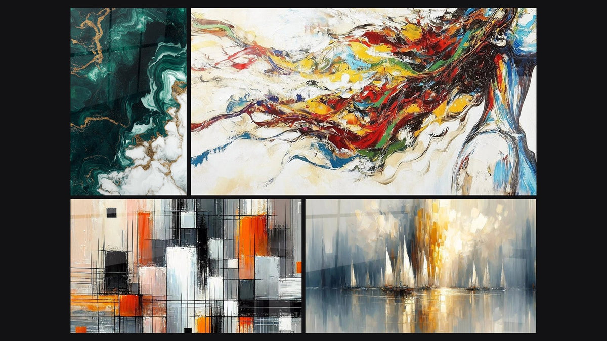 Mosaico di quattro quadri, tra cui Vortici smeraldo e dorati su fondo nero, Meccanica dei Colori e Alba sulla Baia