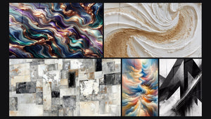 Mosaïque de cinq tableaux, dont Sérénade Minérale, Abstrait Mosaïque Grise et Beige et Résonance des Teintes Célestes