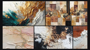 Mozaïek van vijf schilderijen, waaronder Spoor in Goud en Jade en Abstract Aarde en Wit Dikke Textuur