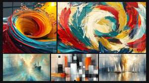 Mosaïque de cinq tableaux, dont Spirale liquide multicolore, Métamorphose Cosmique et Au Cœur de la Brise