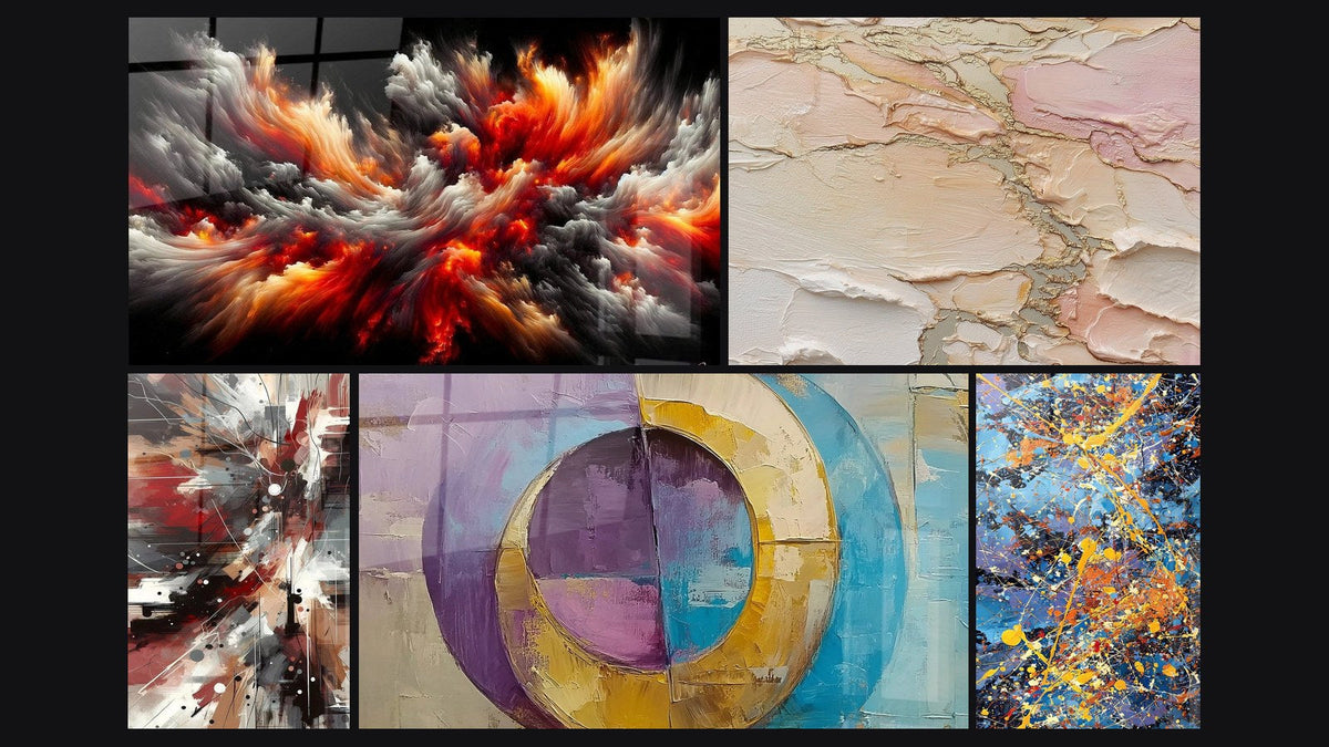 Mosaico di cinque quadri, tra cui Tempesta Solare Abissale, Rumore Dinamico Esplosivo e Astratto texture beige rosa dorato