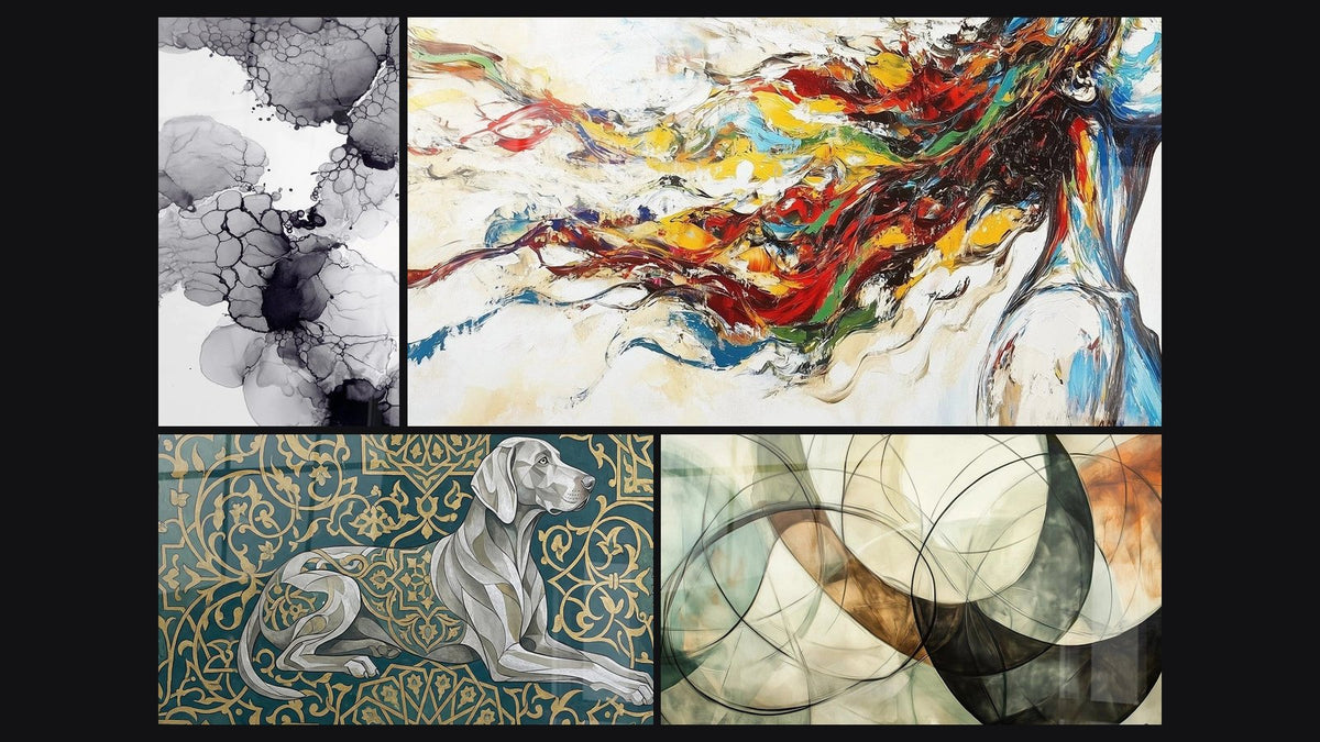 Mosaïque de quatre tableaux, dont Encre abstraite, Chien Gris aux Motifs Dorés Orientaux et Muse Moderne