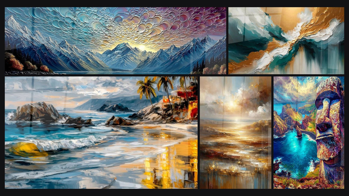 Mosaico de cinco cuadros, entre ellos Lago de montaña al atardecer, Atardecer Tropical y Luz de las Profundidades