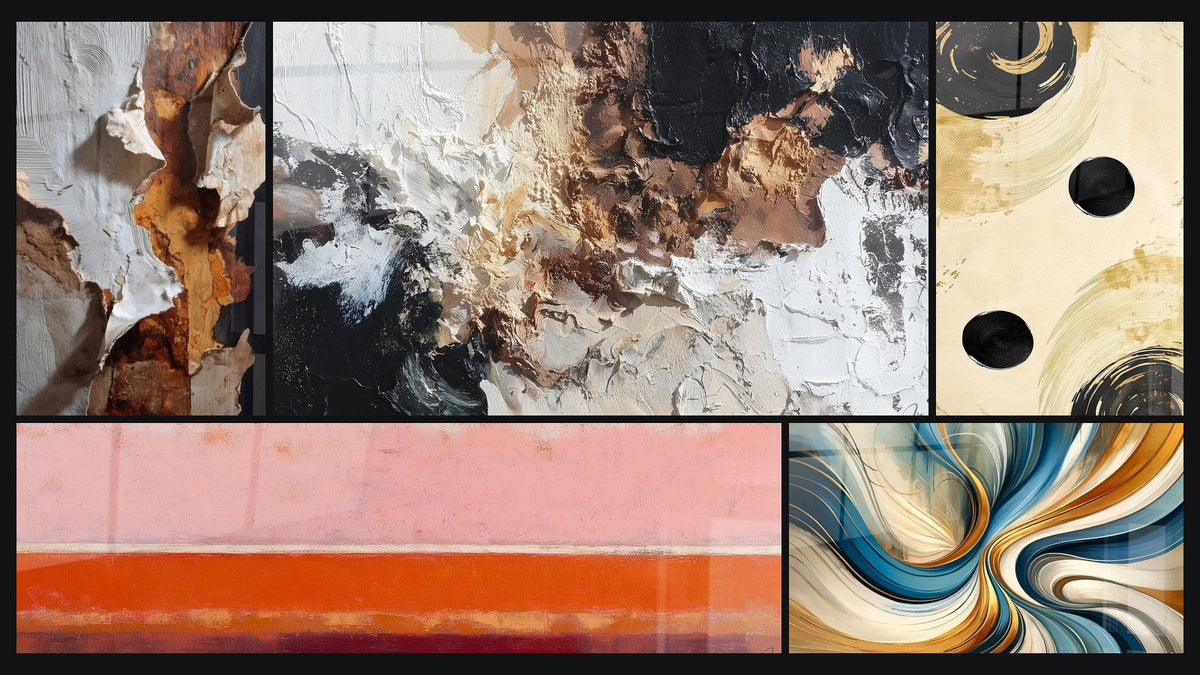 Mosaic of five paintings, including Elegant Spirals and Black Sphere Balance