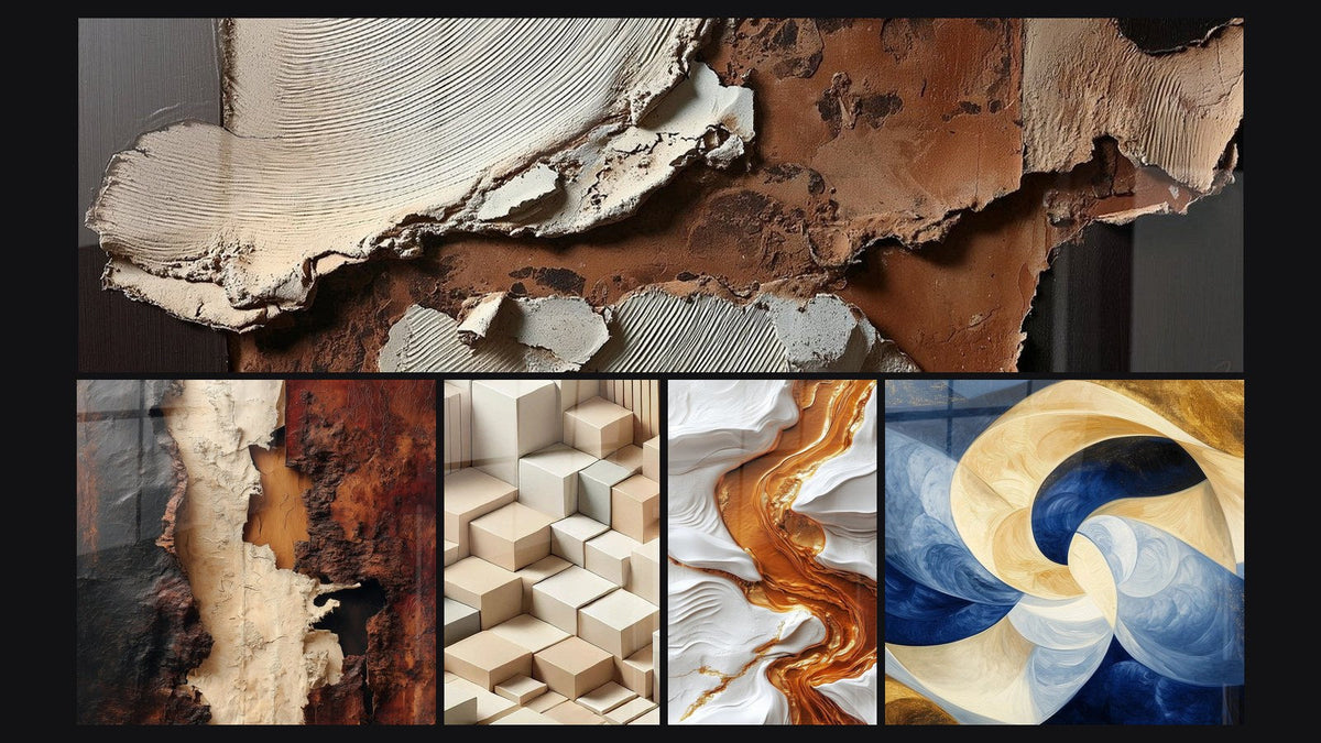 Mozaika pięciu obrazów, w tym Tekstur abstrakcyjnych ziemi i bieli, Minimalizmu Rzeźbionego i Wdych Divine Biały