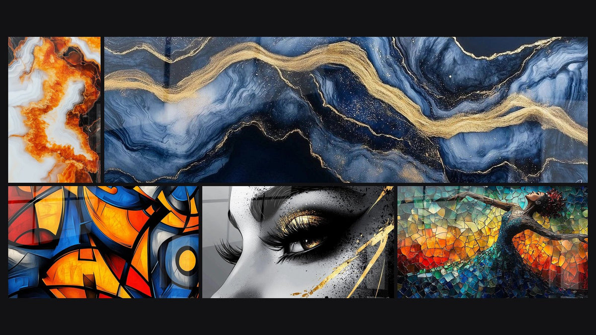 Mosaico de cinco cuadros, entre ellos Formas geométricas coloridas, Ojo Lágrima de Oro y Danza Llama Liberadora Roja