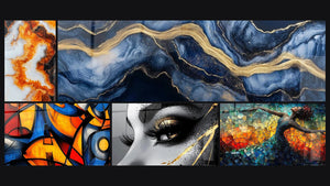 Mosaic of five paintings, including Colored geometric shapes, Golden Tear Eye and Dance Fire Liberation Red